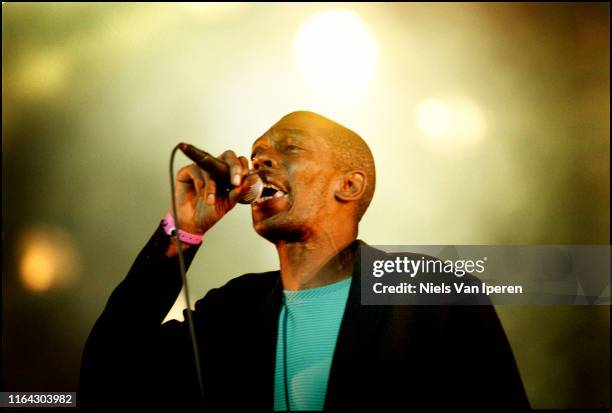 Maxi Jazz, Faithless, performing on stage, Pinkpop, Landgraaf, Netherlands, 6th January 1998.