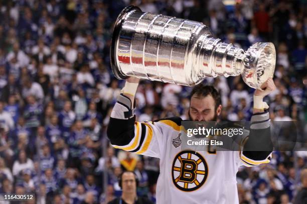 Zdeno Chara of the Boston Bruins celebrates with the Stanley Cup after defeating the Vancouver Canucks in Game Seven of the 2011 NHL Stanley Cup...