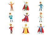 Little Boys In Prince Costume With Crown And Mantle Set Of Cute Kids Dressed As Royals Illustrations