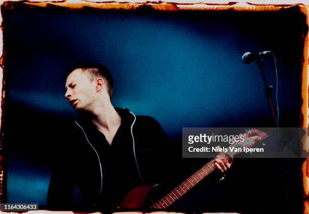 Thom Yorke, Radiohead, performing on stage, Torhout Festival, Torhout, Belgium, 7th May 1997.