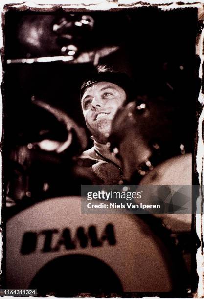 Lars Ulrich, Metallica, performing on stage, Kuip, Rotterdam, Netherlands, 6th December 1993.