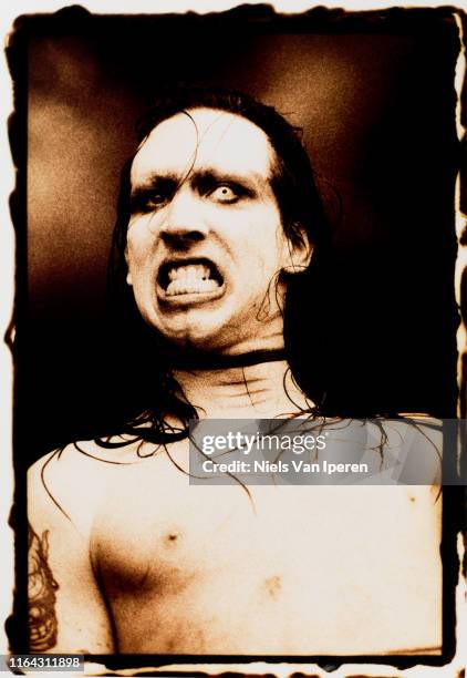 Marilyn Manson, performing on stage, Dynamo Open Air '97, Eindhoven, Netherlands, 18th May 1997.