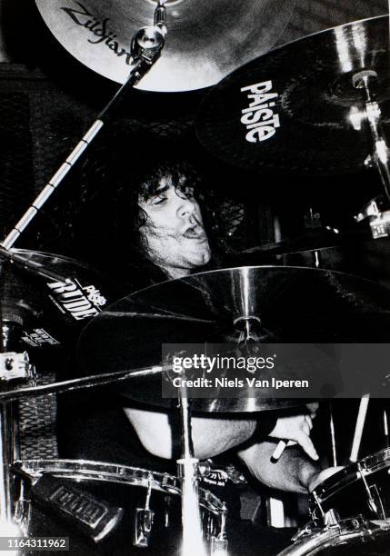 Anthrax, performing on stage, Maaspoort, Den Bosch, Netherlands, 10th October 1986.