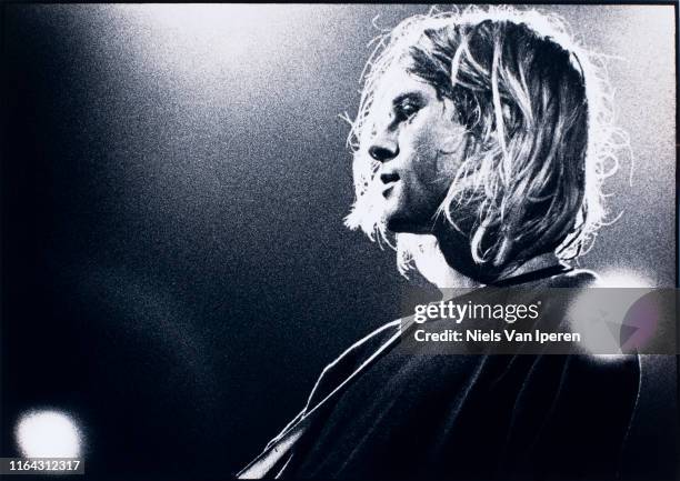 Kurt Cobain, Nirvana, performing on stage, Paradiso, Amsterdam, Netherlands, 25th November 1991.