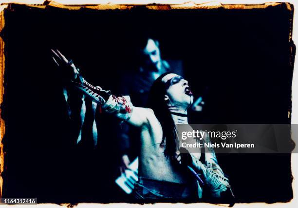 Marilyn Manson, performing on stage, Dynamo Open Air '97, Eindhoven, Netherlands, 18th May 1997.