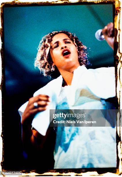 Neneh Cherry, performing on stage, Beach Rock, Zeebrugge, Belgium, 20th July 1996.