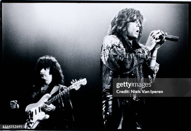 Joe Lynn Turner and Ritchie Blackmore, Deep Purple, performing on stage, Ahoy, Rotterdam, Netherlands, 3rd July 1991.