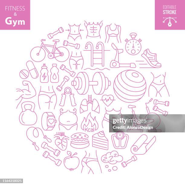 stockillustraties, clipart, cartoons en iconen met workout fitness en gym concept - icon collage