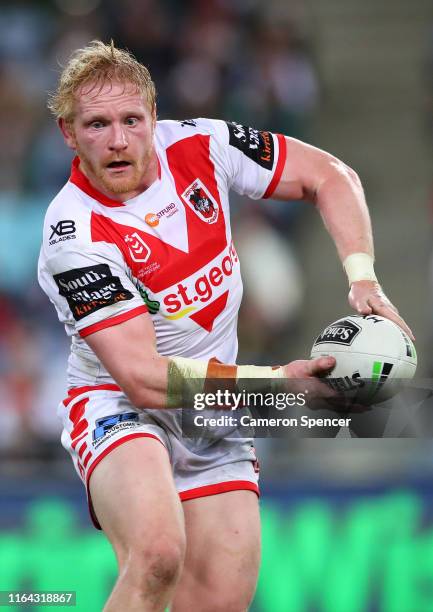 James Graham of the Dragons passes during the round 19 NRL match between the South Sydney Rabbitohs and the St George Illawarra Dragons at ANZ...