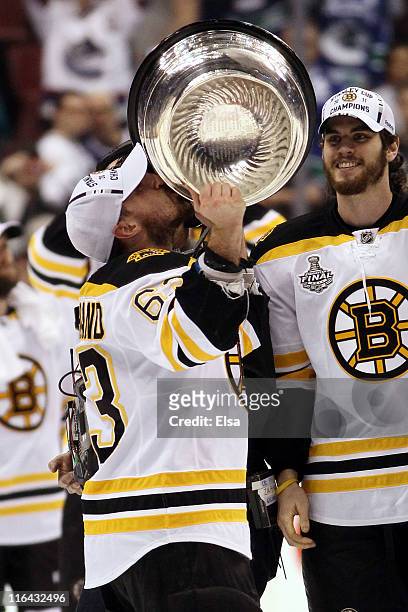 Brad Marchand of the Boston Bruins kisses the Stanley Cup after defeating the Vancouver Canucks in Game Seven of the 2011 NHL Stanley Cup Final at...