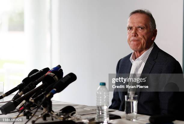 Australian Chairman of Selectors, Trevor Hohns, speaks during the Australia Ashes Squad Announcement at The Ageas Bowl on July 26, 2019 in...