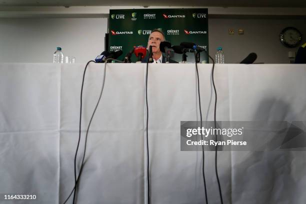 Australian Chairman of Selectors, Trevor Hohns, speaks during the Australia Ashes Squad Announcement at The Ageas Bowl on July 26, 2019 in...