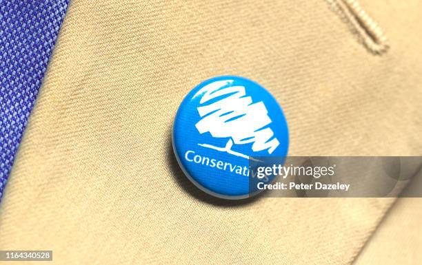 In this photo illustration, a person wears a Conservative Party badge photographed July 18, 2019 in London.