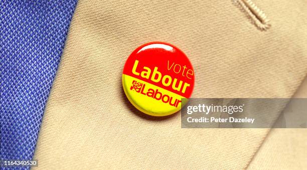 In this photo illustration, a person wears a Labour Party badge photographed July 18, 2019 in London.