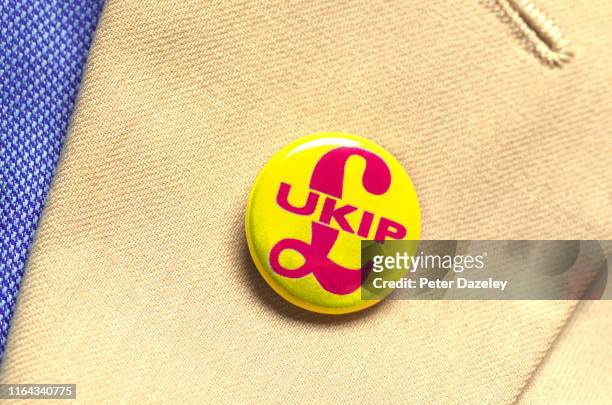 In this photo illustration, a person wears a UKIP Party badge photographed July 18, 2019 in London.