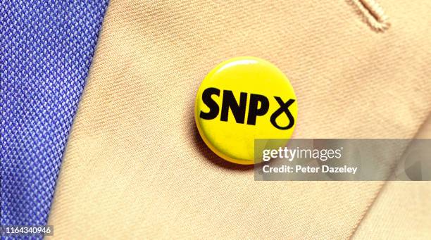 In this photo illustration, a person wears a SNP Party badge photographed July 18, 2019 in London.