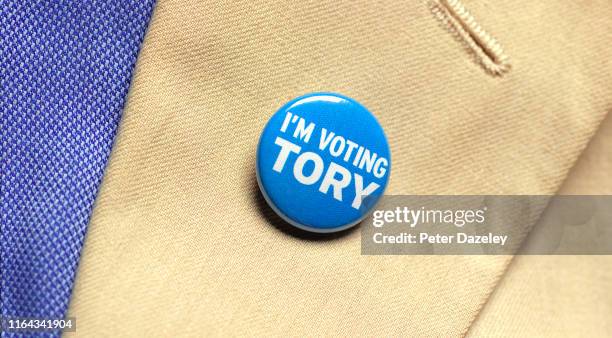 In this photo illustration, a person wears a Conservative Party badge photographed July 18, 2019 in London.