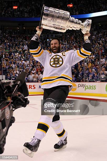 Zdeno Chara of the Boston Bruins celebrates with the Stanley Cup after defeating the Vancouver Canucks in Game Seven of the 2011 NHL Stanley Cup...