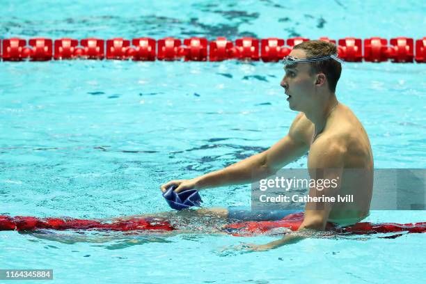 Anton Chupkov of Russia reacts after setting a new world record of 2:06.12 in the Men's 200m Breaststroke Final on day six of the Gwangju 2019 FINA...