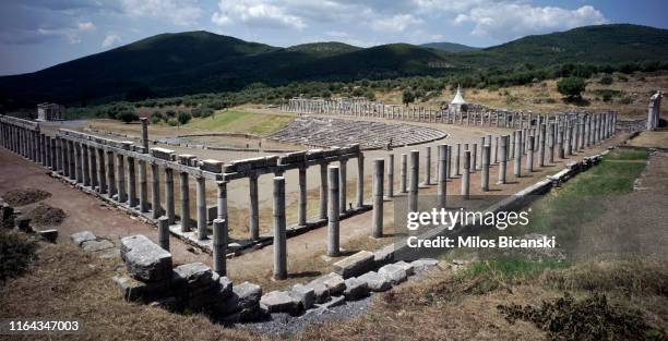 The porch of the ancient Stadium in the archaeological site of ancient town of Messene, Peloponnese, Greece. On July 19 2019 in Messene, Greece.Ruins...