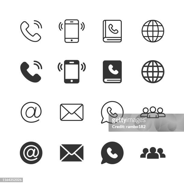 kontaktieren sie uns glyphen- und liniensymbole. bearbeitbarer strich. pixel perfekt. für mobile und web. enthält symbole wie telefon, smartphone, globus, e-mail, support. - message stock-grafiken, -clipart, -cartoons und -symbole