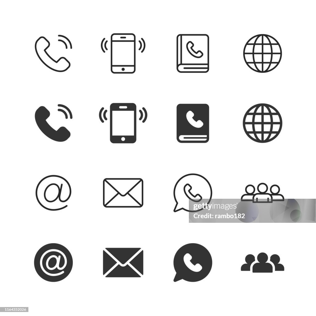 Contáctenos Glifo e Iconos de línea. Trazo editable. Píxel perfecto. Para móviles y web. Contiene iconos tales como teléfono, Smartphone, globo, correo electrónico, soporte.