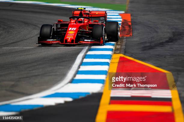 Charles Leclerc of Monaco driving the Scuderia Ferrari SF90 on track during practice for the F1 Grand Prix of Germany at Hockenheimring on July 26,...