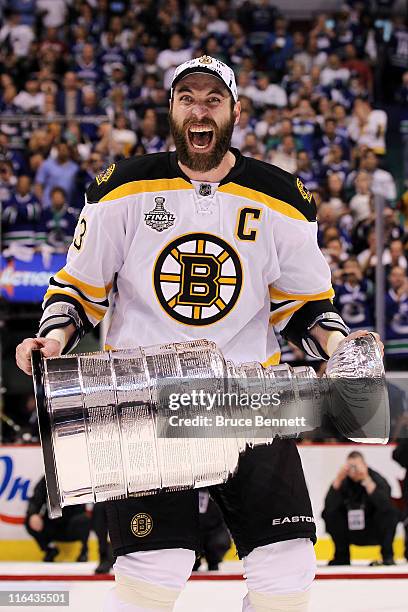 Zdeno Chara of the Boston Bruins celebrates with the Stanley Cup after defeating the Vancouver Canucks in Game Seven of the 2011 NHL Stanley Cup...