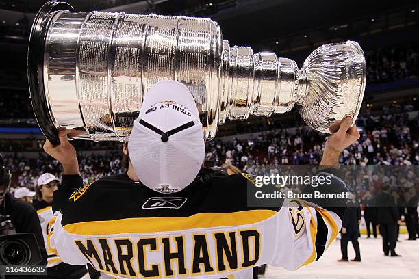 Brad Marchand of the Boston Bruins kisses the Stanley Cup after defeating the Vancouver Canucks in Game Seven of the 2011 NHL Stanley Cup Final at...