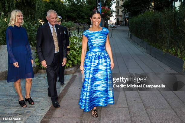 Crown Princess Victoria of Sweden arrives at a ceremony for the Stockholm Junior Water Prize at the Berns Hotel on August 27, 2019 in Stockholm,...