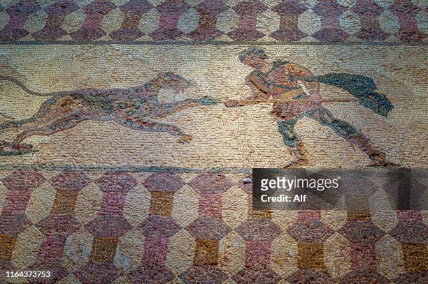 mosaic depicting a noble killing a leopard with his spear at the theseus house in kato paphos, paphos, cyprus - theseus stock pictures, royalty-free photos & images