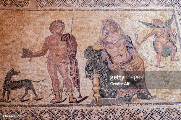 mosaic depicting phaedra and hippolytos  at the dyonisus house in kato paphos, paphos, cyprus - theseus stock pictures, royalty-free photos & images