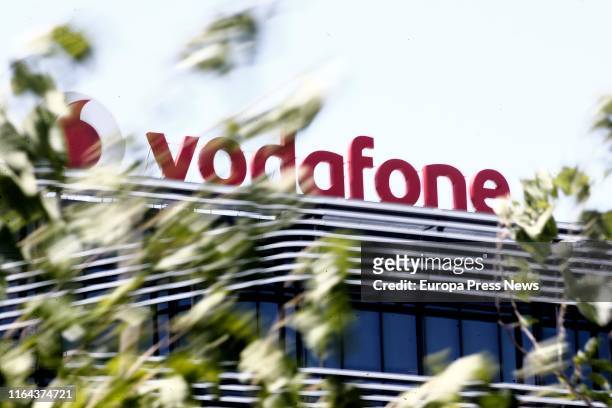 Vodafone logo in the head office of Madrid on July 26, 2019 in Madrid, Spain.