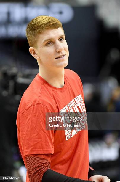 Kevin Huerter of the Atlanta Hawks warms up before the game against the Washington Wizards at Capital One Arena on February 4, 2019 in Washington, DC.