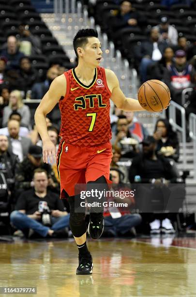 Jeremy Lin of the Atlanta Hawks handles the ball against the Washington Wizards at Capital One Arena on February 4, 2019 in Washington, DC.