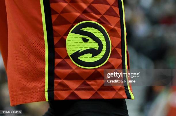 The Atlanta Hawks logo on their uniform during the game against the Washington Wizards at Capital One Arena on February 4, 2019 in Washington, DC.