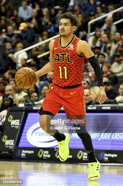 Trae Young of the Atlanta Hawks handles the ball against the Washington Wizards at Capital One Arena on February 4, 2019 in Washington, DC.