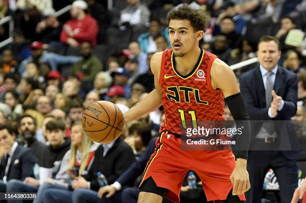 Trae Young of the Atlanta Hawks handles the ball against the Washington Wizards at Capital One Arena on February 4, 2019 in Washington, DC.