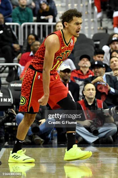 Trae Young of the Atlanta Hawks celebrates during the game against the Washington Wizards at Capital One Arena on February 4, 2019 in Washington, DC.