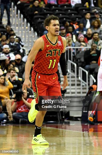 Trae Young of the Atlanta Hawks celebrates during the game against the Washington Wizards at Capital One Arena on February 4, 2019 in Washington, DC.