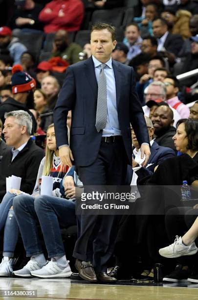 Head coach Scott Brooks of the Washington Wizards watches the game against the Atlanta Hawks at Capital One Arena on February 4, 2019 in Washington,...