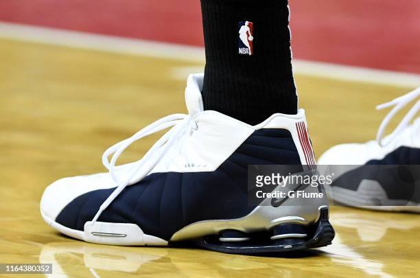 Vince Carter of the Atlanta Hawks wears Nike shoes during the game against the Washington Wizards at Capital One Arena on February 4, 2019 in...