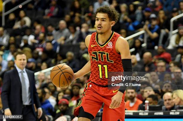 Trae Young of the Atlanta Hawks handles the ball against the Washington Wizards at Capital One Arena on February 4, 2019 in Washington, DC.