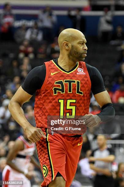 Vince Carter of the Atlanta Hawks runs down the court against the Washington Wizards at Capital One Arena on February 4, 2019 in Washington, DC.