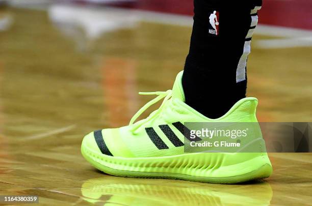 Trae Young of the Atlanta Hawks wears Adidas shoes during the game against the Washington Wizards at Capital One Arena on February 4, 2019 in...