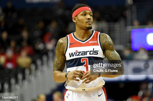 Bradley Beal of the Washington Wizards walks down the court during the game against the Atlanta Hawks at Capital One Arena on February 4, 2019 in...