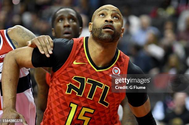 Vince Carter of the Atlanta Hawks boxes out against the Washington Wizards at Capital One Arena on February 4, 2019 in Washington, DC.