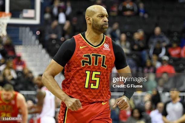 Vince Carter of the Atlanta Hawks runs down the court against the Washington Wizards at Capital One Arena on February 4, 2019 in Washington, DC.