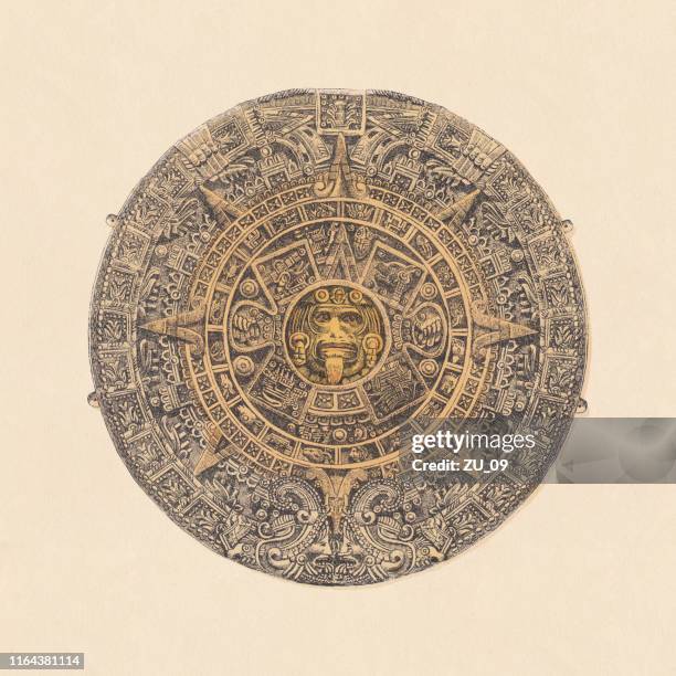 ilustraciones, imágenes clip art, dibujos animados e iconos de stock de piedra solar azteca, ciudad de méxico, cromolitógrafo, publicado en 1892 - aztec