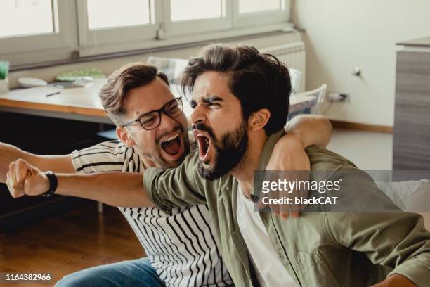 men watch a sports game - mates celebrating stock pictures, royalty-free photos & images